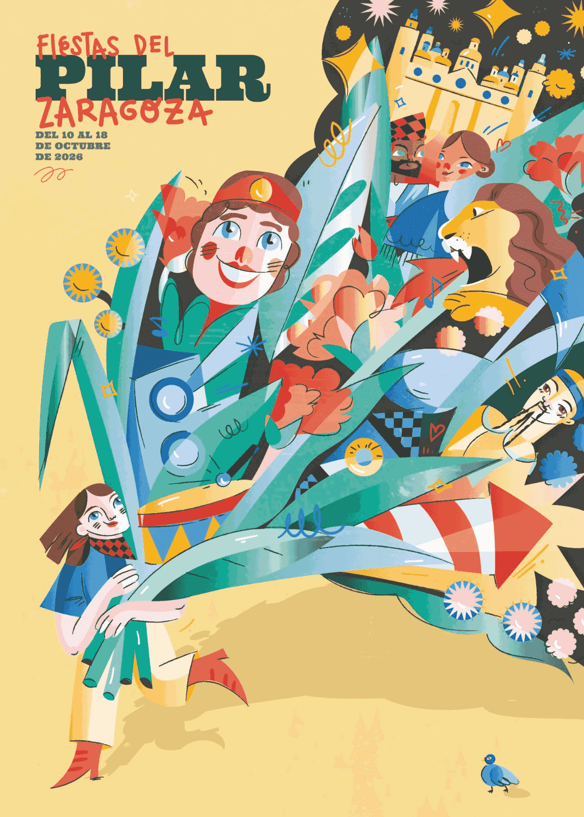 Cartel oficial de las Fiestas del Pilar 2026 en Zaragoza, 10–18 oct (víspera el 9): ilustración con cabezudos, la Basílica del Pilar, flores y música